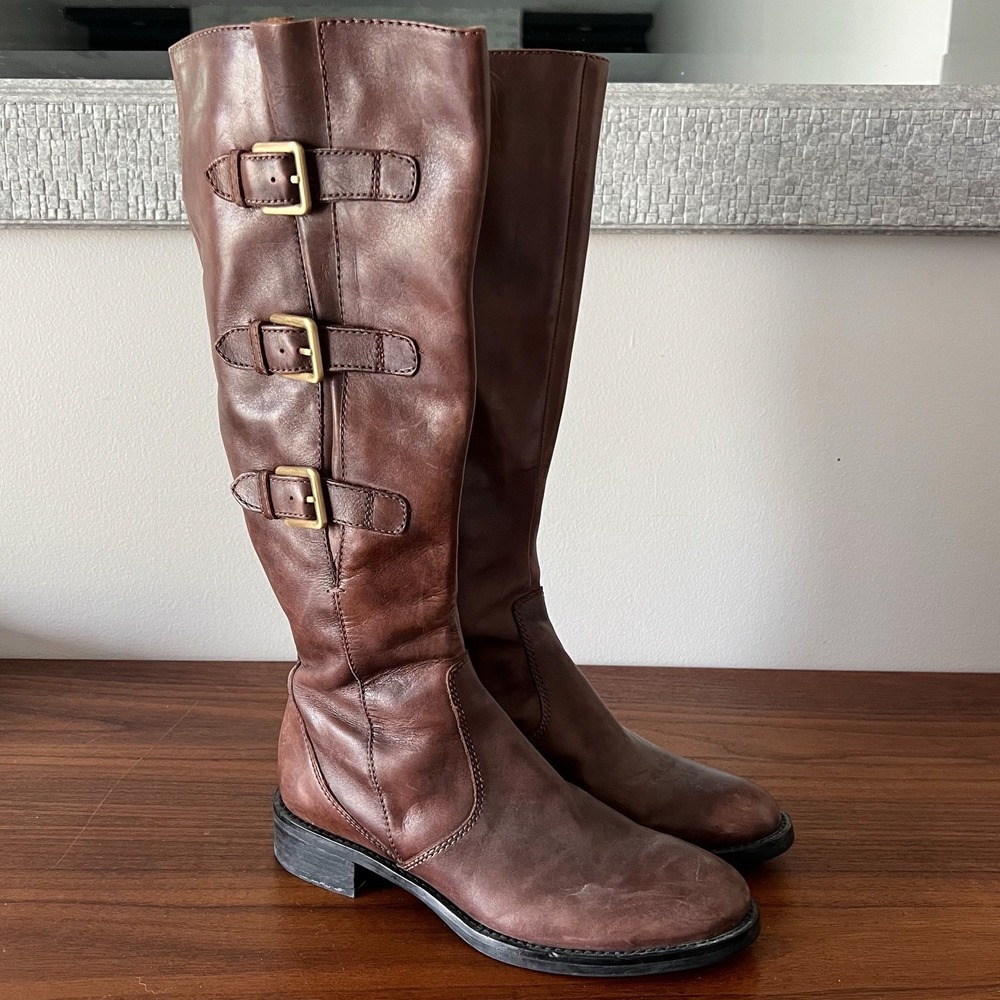 Ecco Leather Tall Riding Boots Brown Buckle Strap Knee High Women's 39